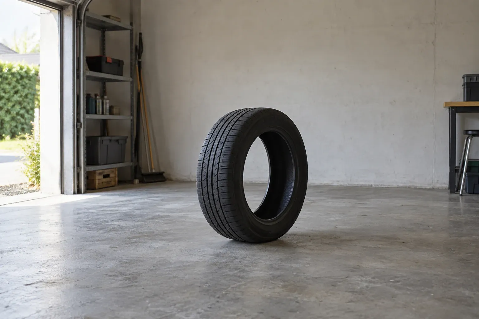 Single all-season tire standing upright on clean concrete garage floor